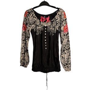 NWT Desigual Boho Blouse Size S Hippie Floral Abstract Artsy Cinch Tie Unique